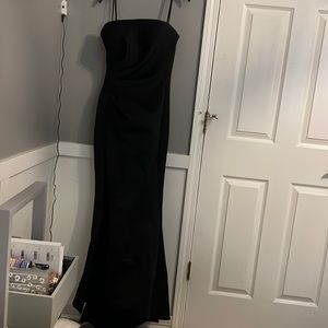 Black, Thick, Floor Length, Strapless Prom Dress, Leg Slit, Back Clip For Train
